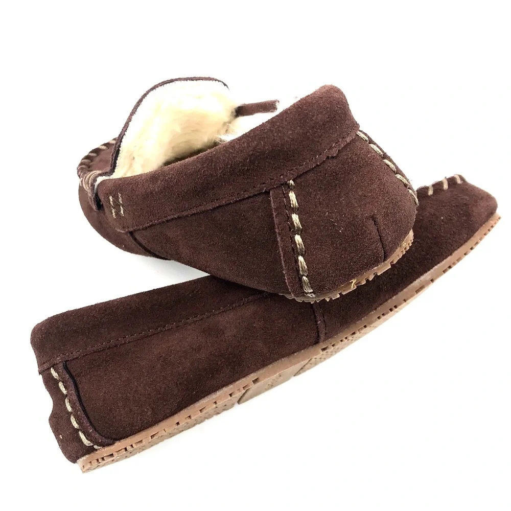 Lands End Kids Brown Suede Moccasin Slipper Sz 13